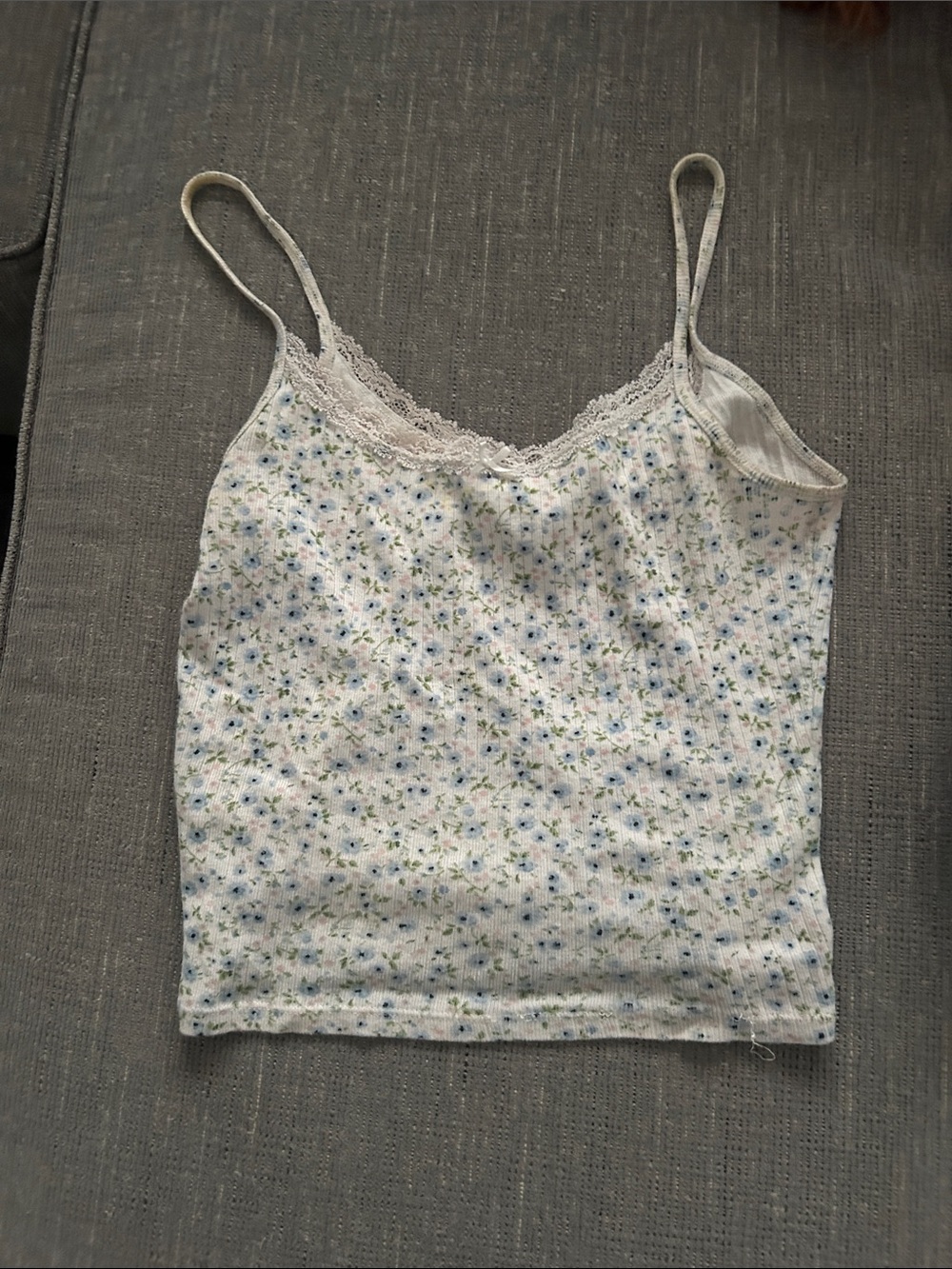 Brandy Melville- John Galt White Floral Lace-Trim Cami with Blue & Green Print